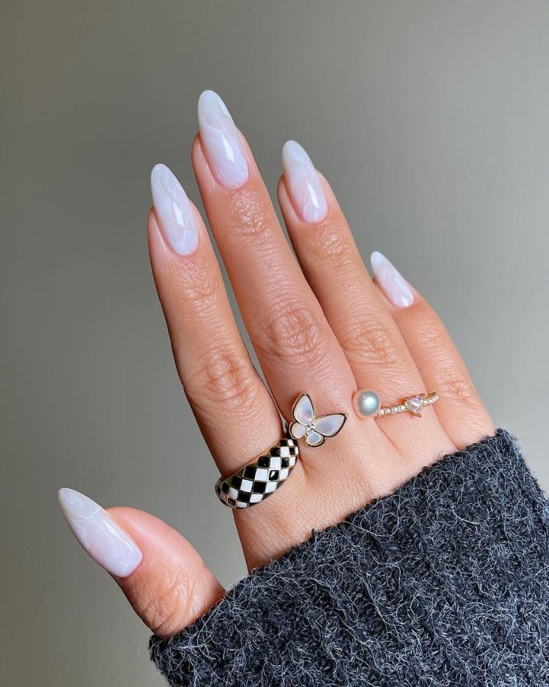 Milky White Gray Marble Long Almond Nails — Winter White Nails