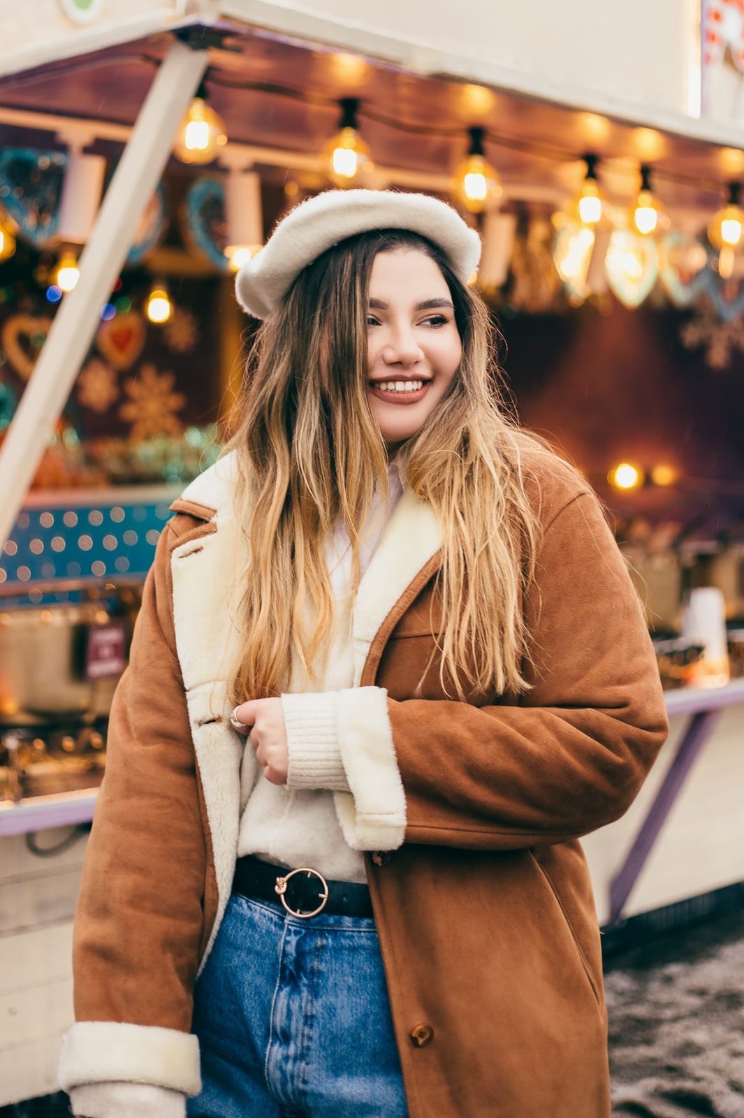 Brown Shearling Coat Over Cream Knit Sweater — Plus Size Winter Outfits