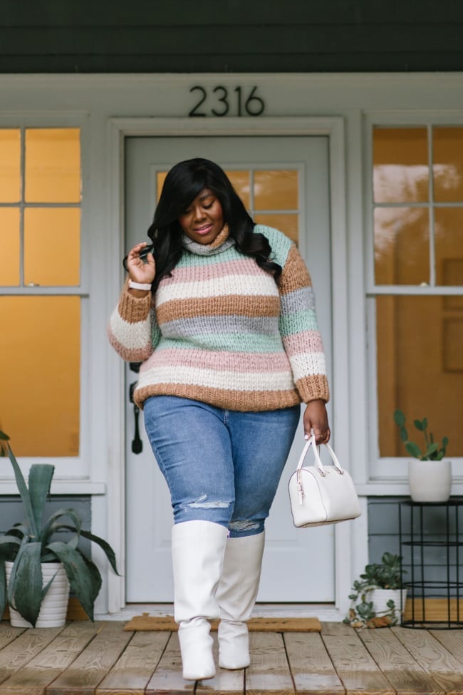 Chunky Knit Striped Sweater With White Boots — Plus Size Winter Outfits