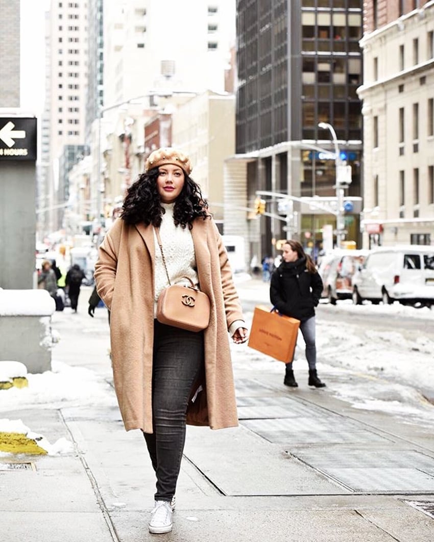 Camel Coat Over White Turtleneck And Gray Jeans — Plus Size Winter Outfits