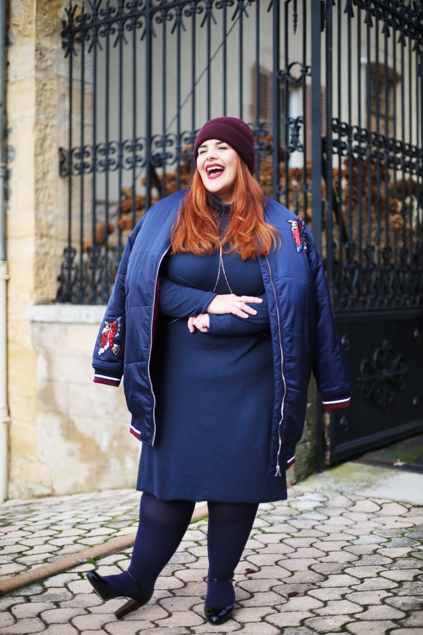 Navy Bomber Jacket Over Navy Dress And Tights — Plus Size Winter Outfits