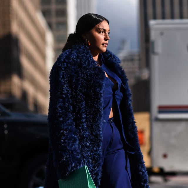 Navy Faux Fur Coat With Blue Collared Shirt — Plus Size Winter Outfits