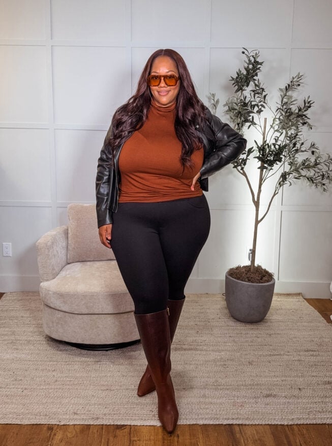 Black Leather Jacket Over Brown Turtleneck — Plus Size Winter Outfits