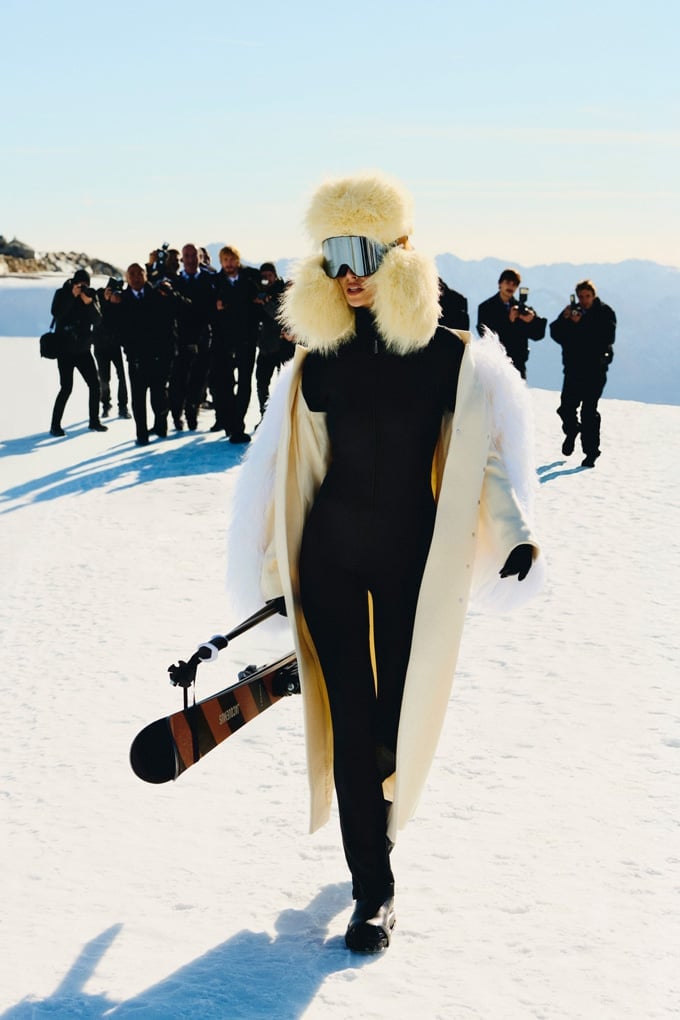 Black Ski Jumpsuit with Oversized Cream Faux Fur Coat — Ski Outfits for Women