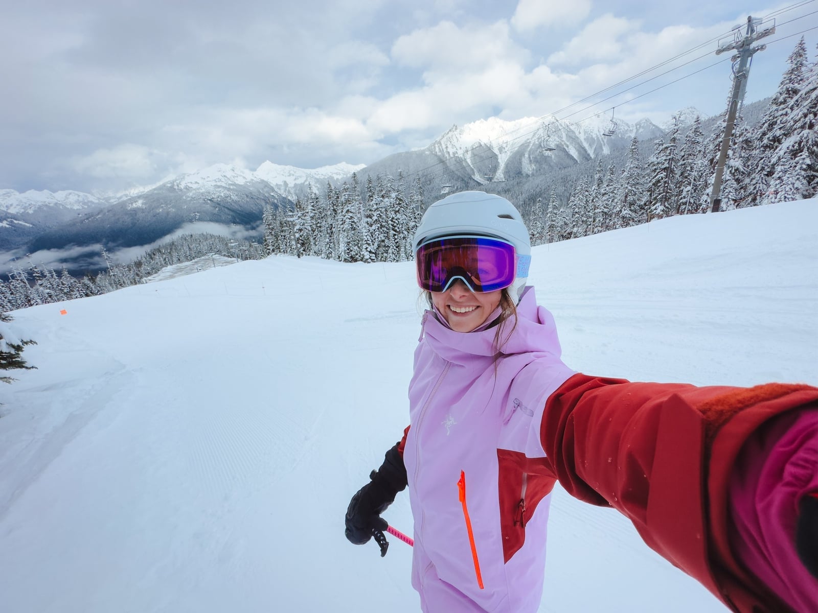 Pink Ski Suit with Contrasting Red Jacket — Ski Outfits for Women