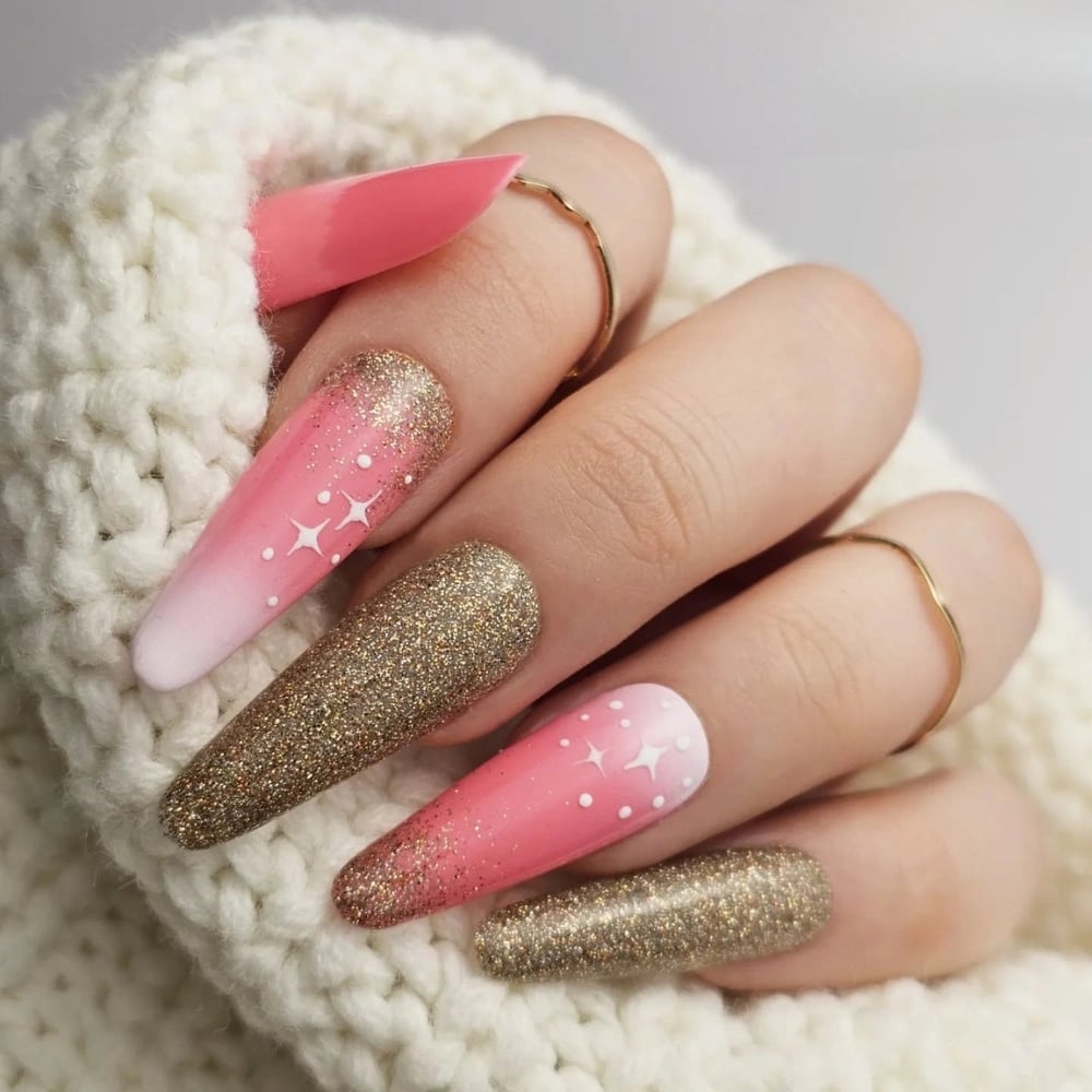 Long Tapered Pink To White Ombre With Gold Glitter Stars — Winter Acrylic Nails