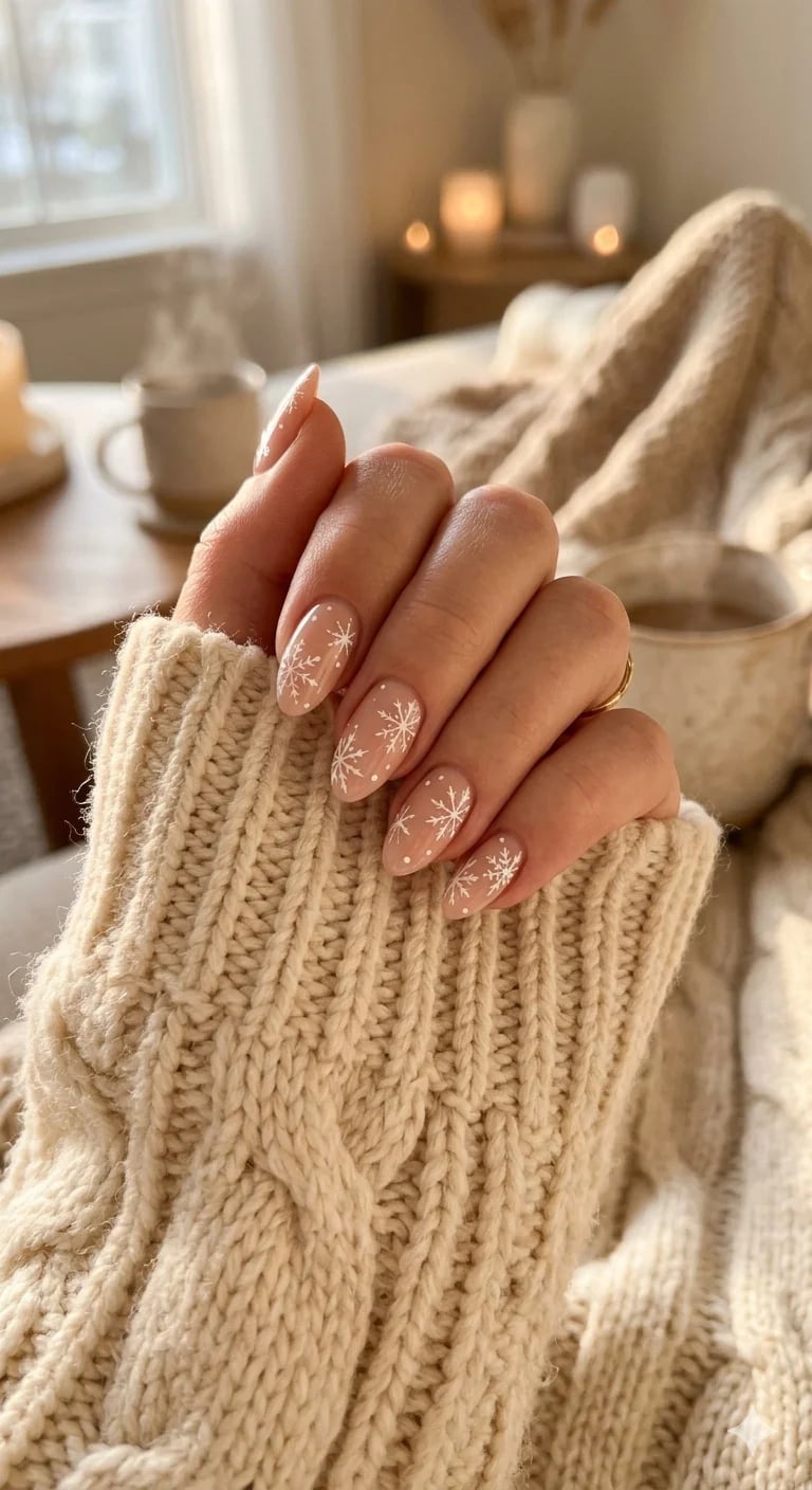 Matte Nude Short Almond With White Snowflakes — Winter Acrylic Nails