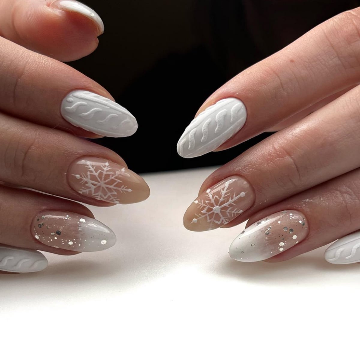 Matte Cable Knit White With Glossy Nude Snowflakes — Winter Acrylic Nails