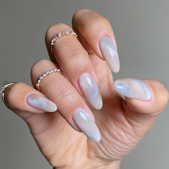 Milky White Long Almond With Light Gray Swirls — Winter Acrylic Nails