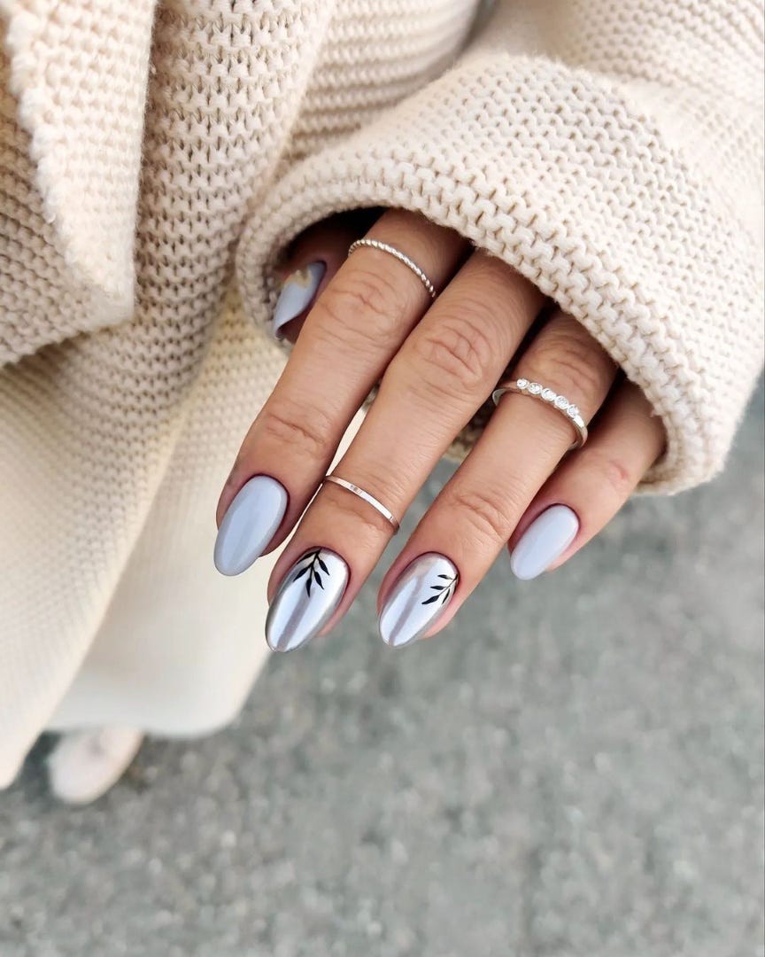 Matte Light Blue With Metallic Silver Leaf Accents — Winter Acrylic Nails