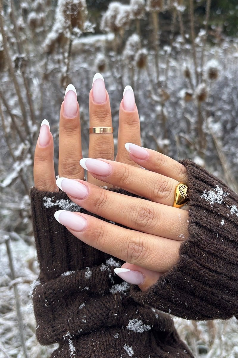 Sheer Pink French Tips Medium Almond — Winter Acrylic Nails