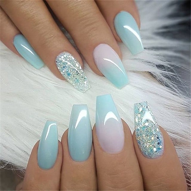 Long Coffin Winter Mix Light Blue Pink White Glitter Ombre — Winter Acrylic Nails