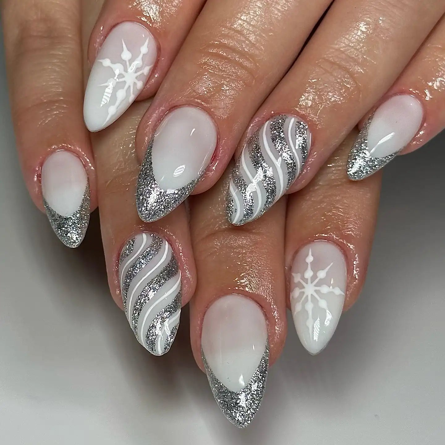 Medium Almond Sheer Pink French With Silver Glitter, Glossy — Winter Acrylic Nails