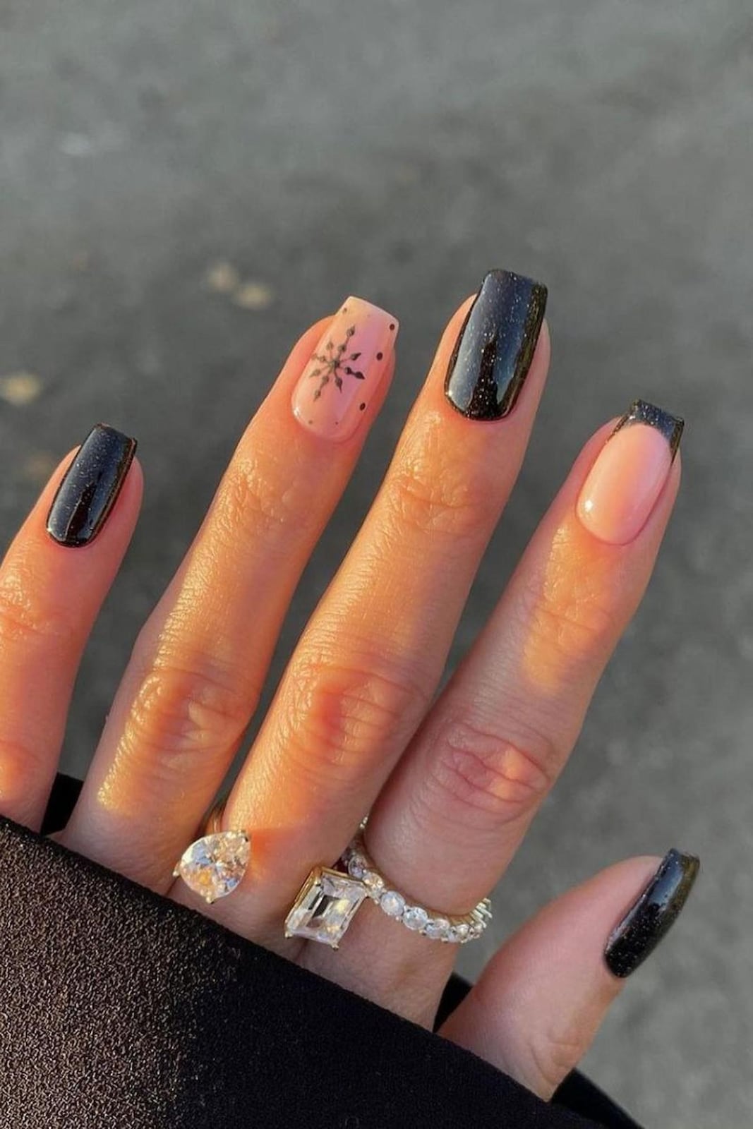 Short Square Black Glossy With Nude Snowflake Glitter — Winter Acrylic Nails