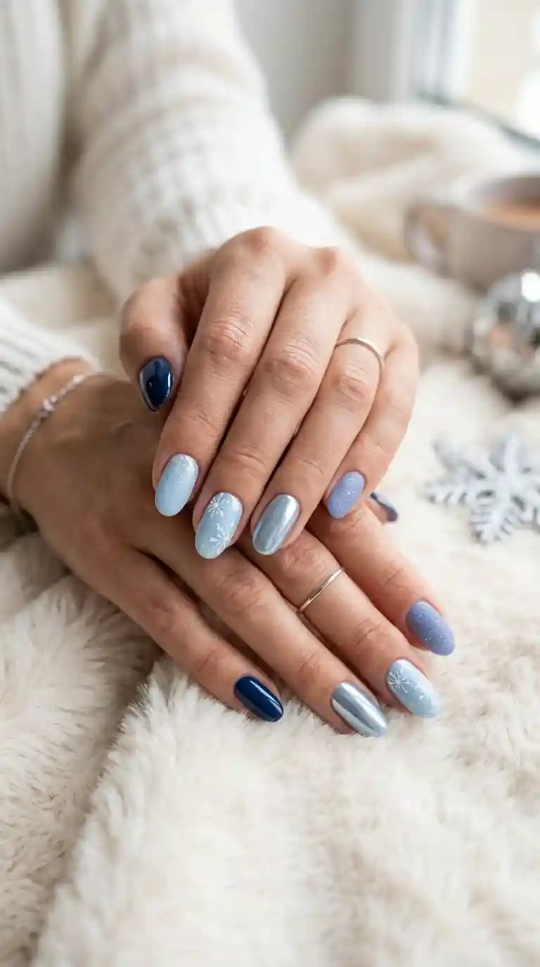 Short Blue Almond With Metallic Sheen And Snowflakes — Winter Acrylic Nails