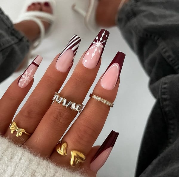 Long Ballerina Burgundy French With Snowflakes — Winter Acrylic Nails