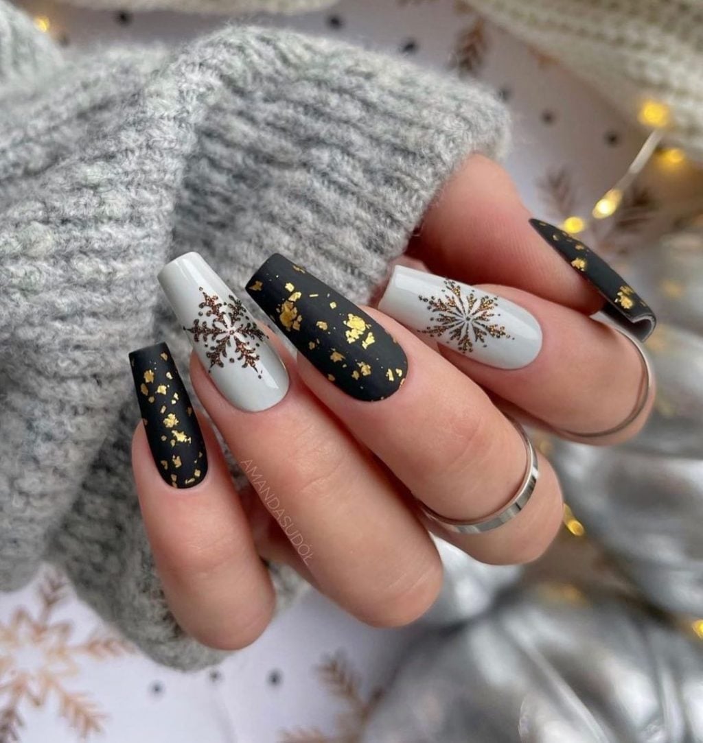Long Coffin Matte Black With Gold Foil And Snowflakes — Winter Acrylic Nails