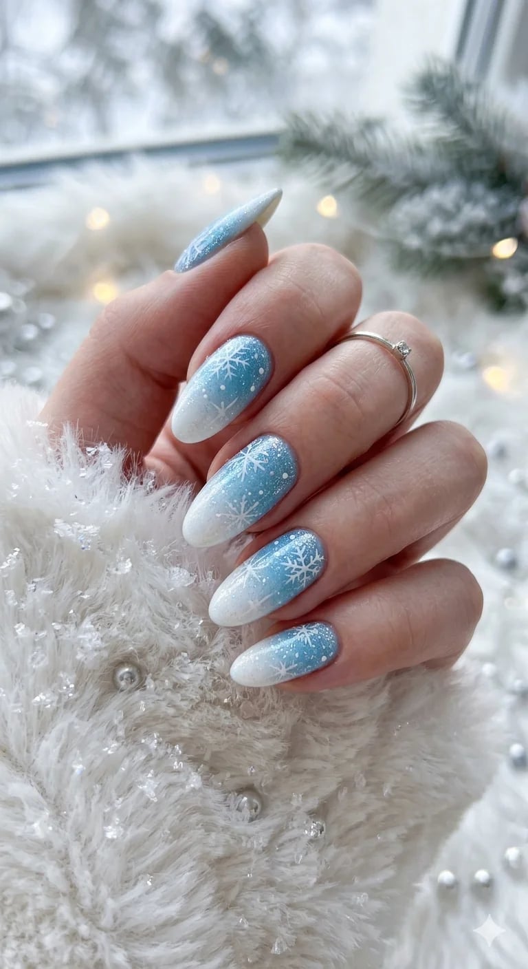 Long Almond White Blue Ombre With Glitter Snowflakes — Winter Acrylic Nails