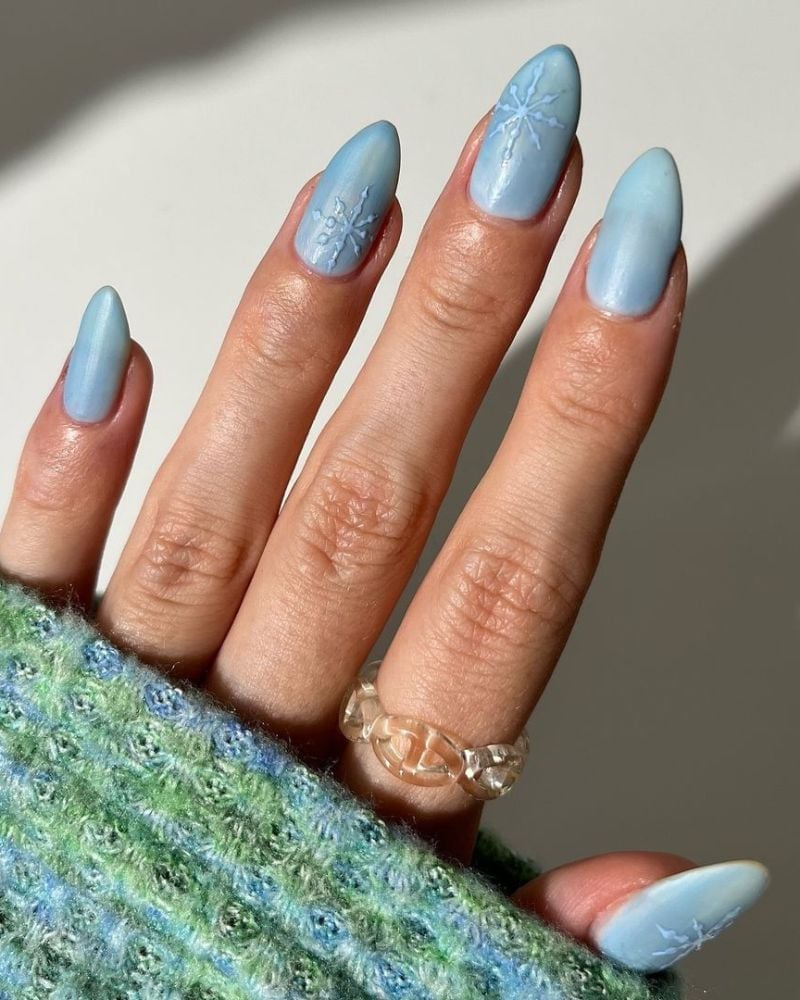 Medium Almond Icy Blue Matte With Raised Snowflakes — Winter Acrylic Nails