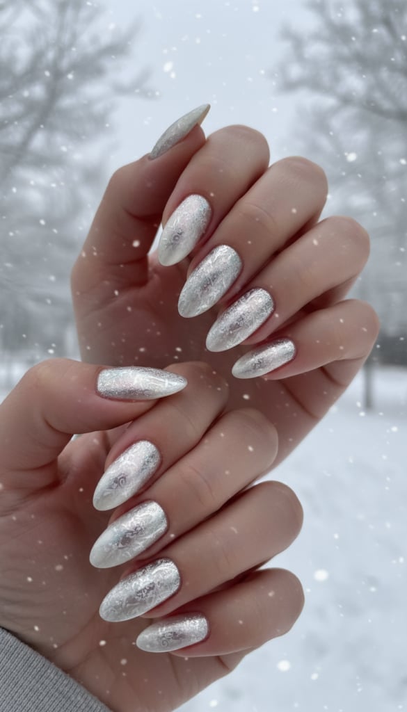 Medium Almond Shimmer Silver With Intricate Patterns — Winter Acrylic Nails