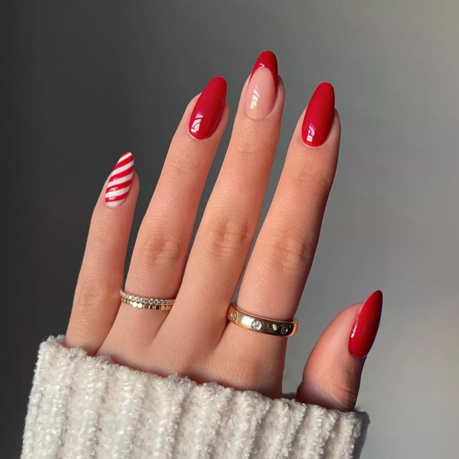 Long Almond Red With Candy Cane Stripe Accent — Winter Acrylic Nails