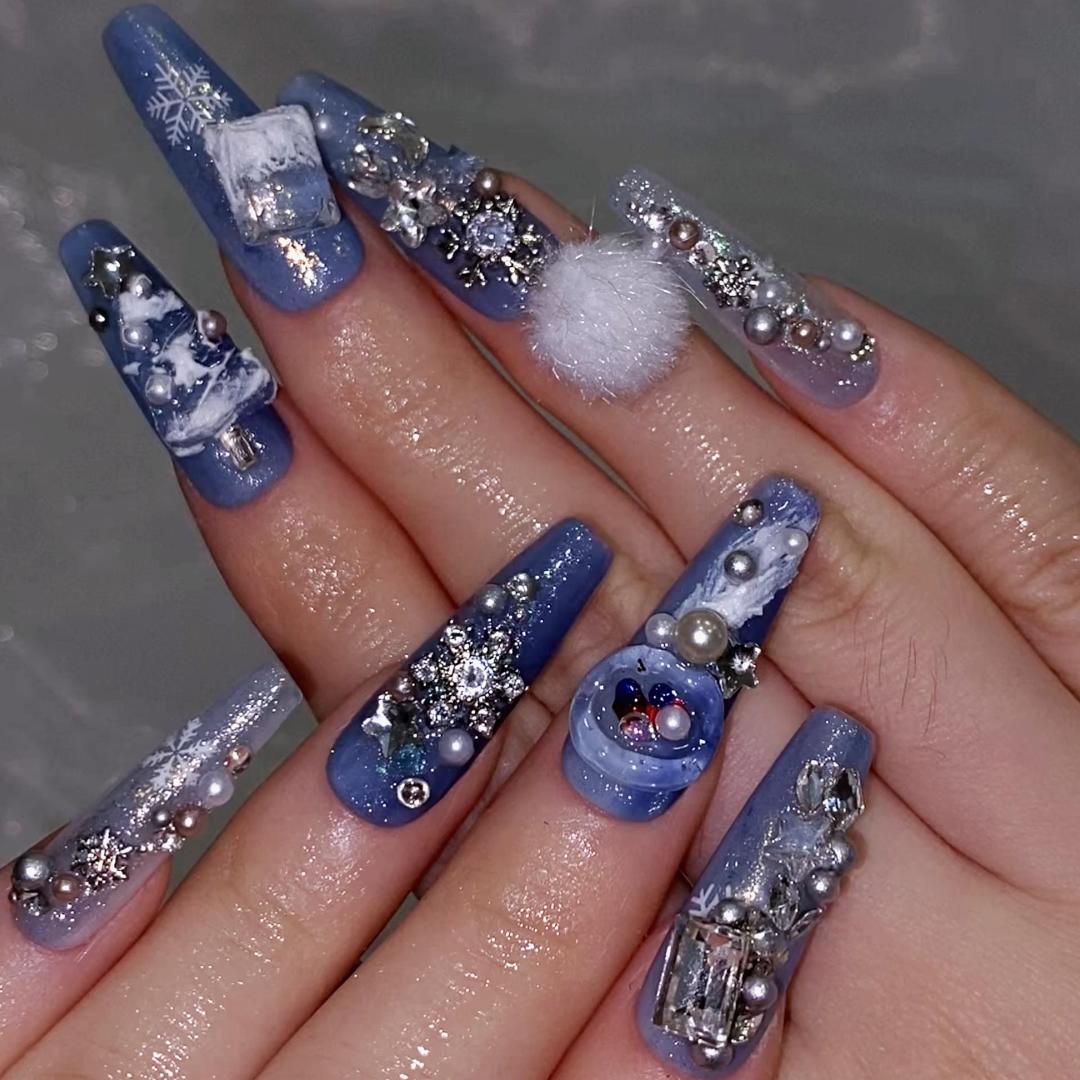 Extra Long Coffin Blue Silver With Christmas Trees And Pearls — Winter Acrylic Nails