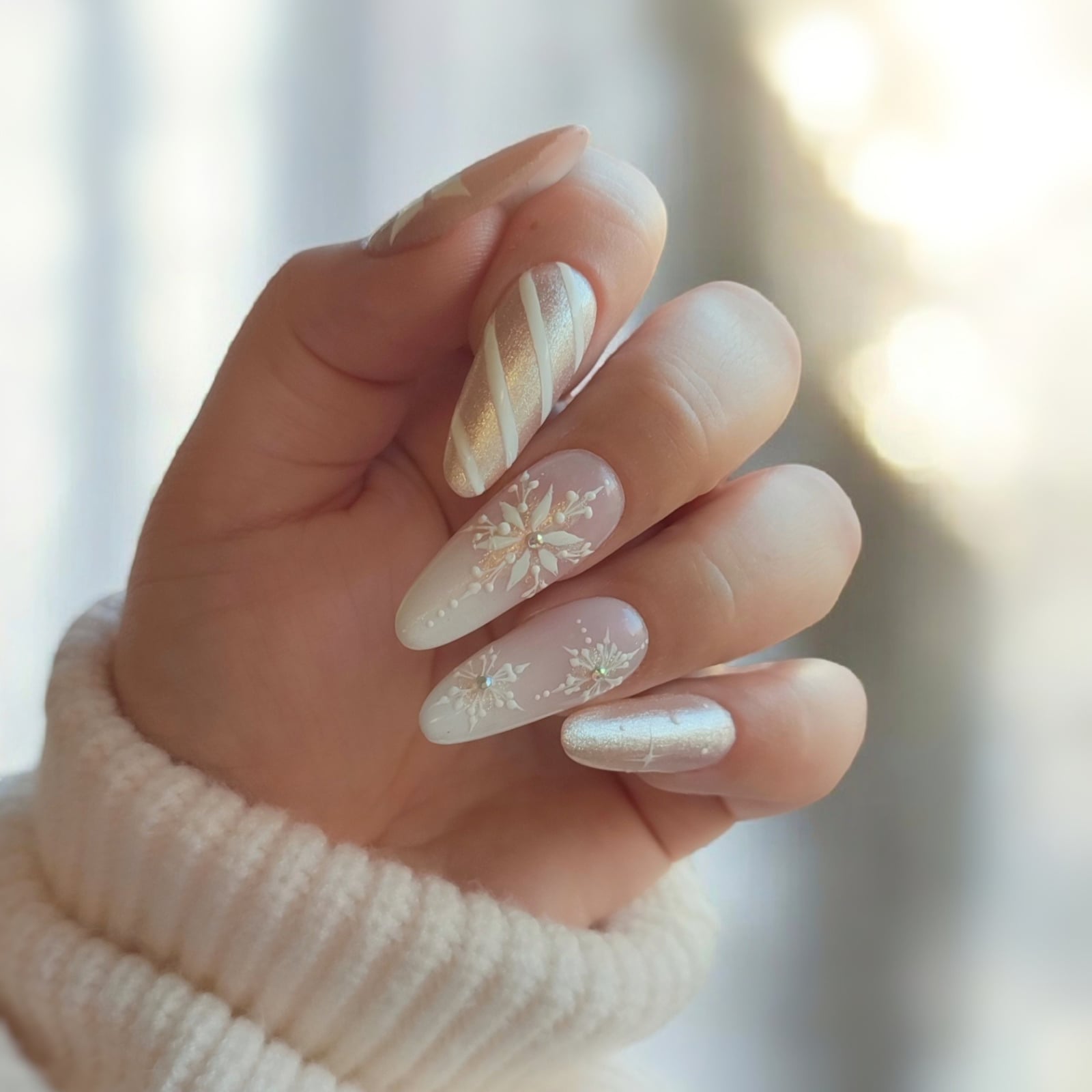 Short Almond White Glitter With Christmas Tree — Winter Acrylic Nails