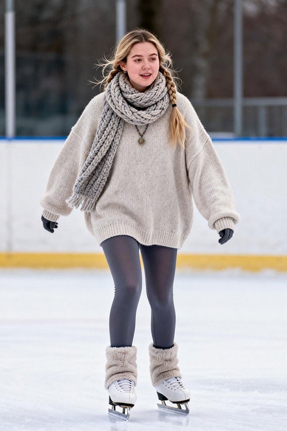 Cream cable knit sweater with gray tights — Ice Skating Outfit