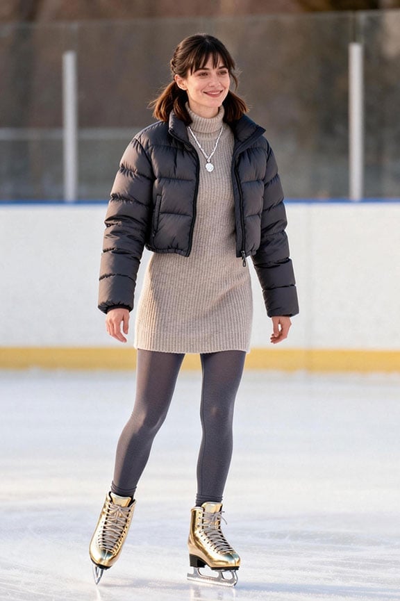 Charcoal puffer jacket over beige knit dress — Ice Skating Outfit