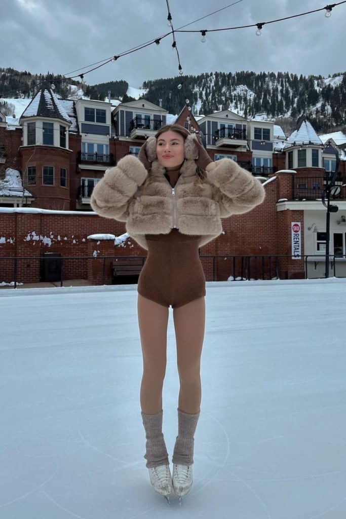 Beige furry jacket over brown bodysuit — Ice Skating Outfit