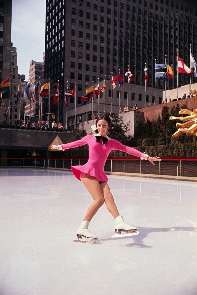 Bright pink long-sleeve costume with gold sequins — Ice Skating Outfit