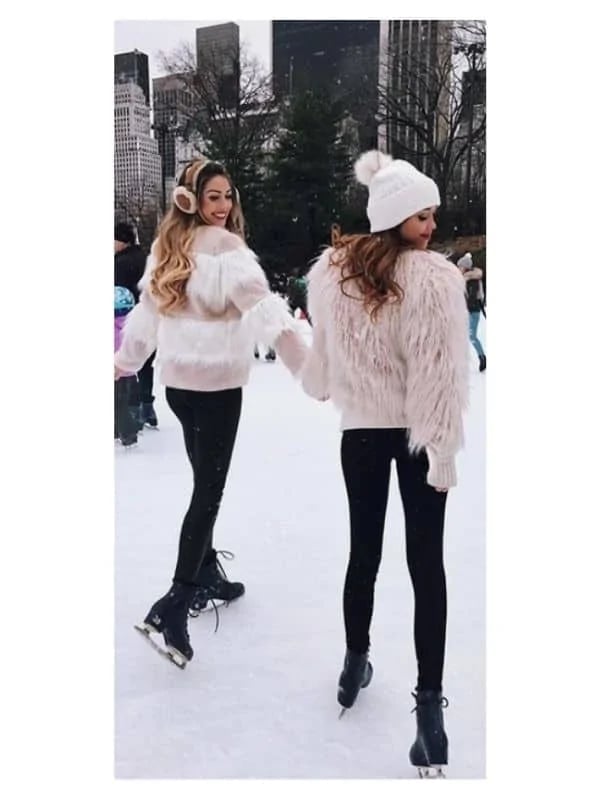 Pink faux fur jacket over black leggings — Ice Skating Outfit