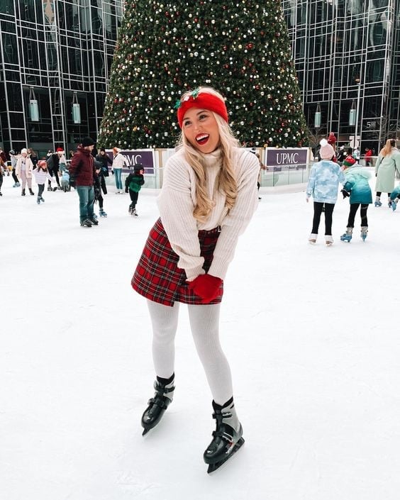 Cream turtleneck sweater with red plaid mini skirt — Ice Skating Outfit