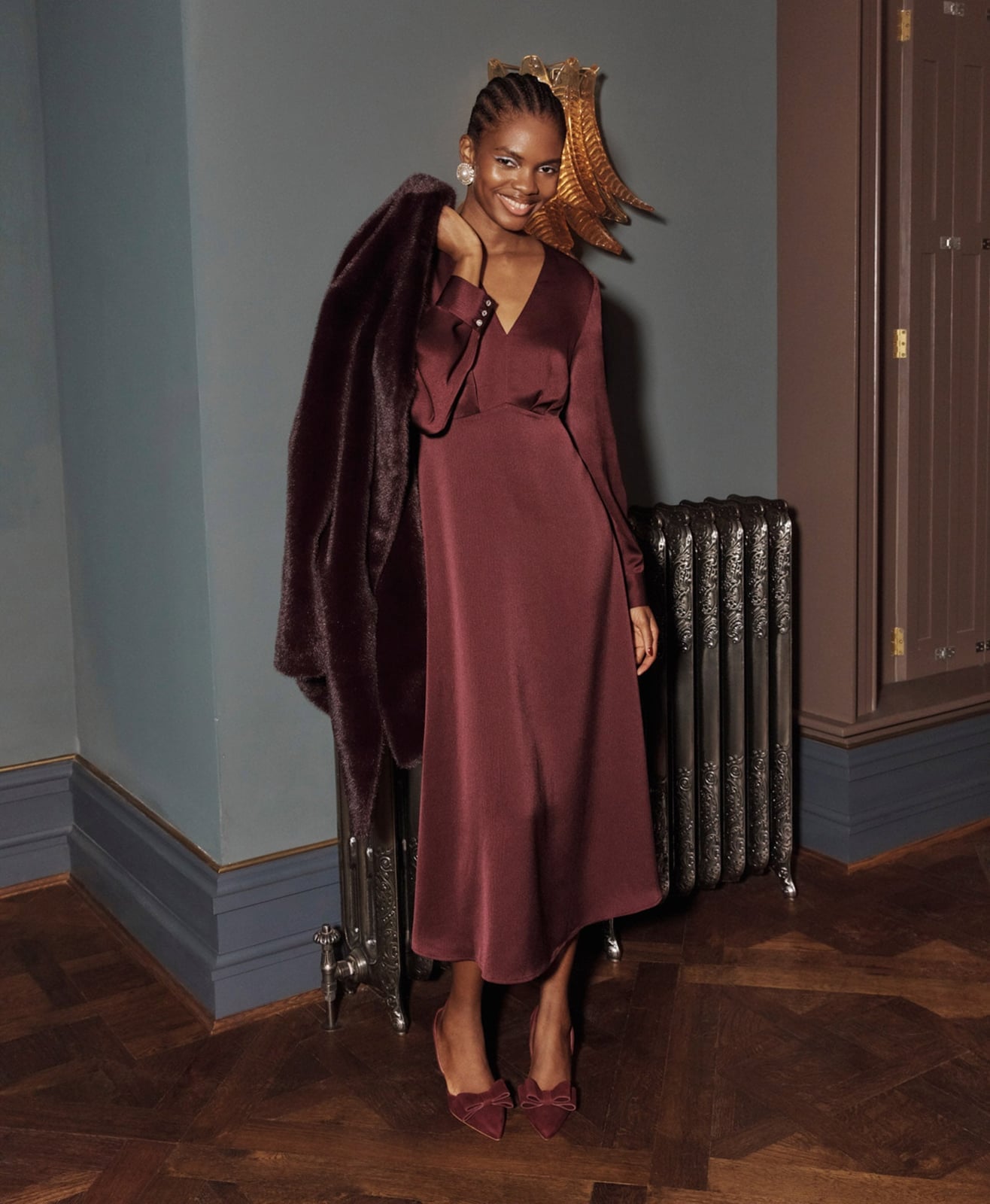 Burgundy satin midi dress with faux fur coat — Christmas Eve Outfits