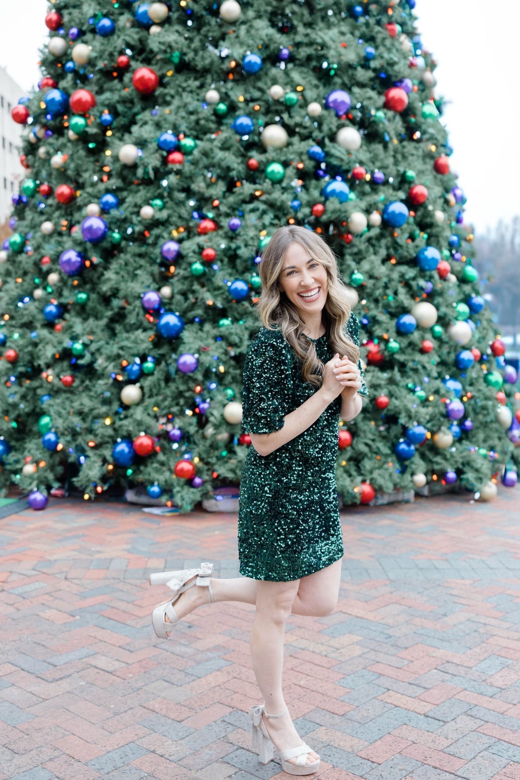 Green sequined mini dress with platform heels — Christmas Eve Outfits
