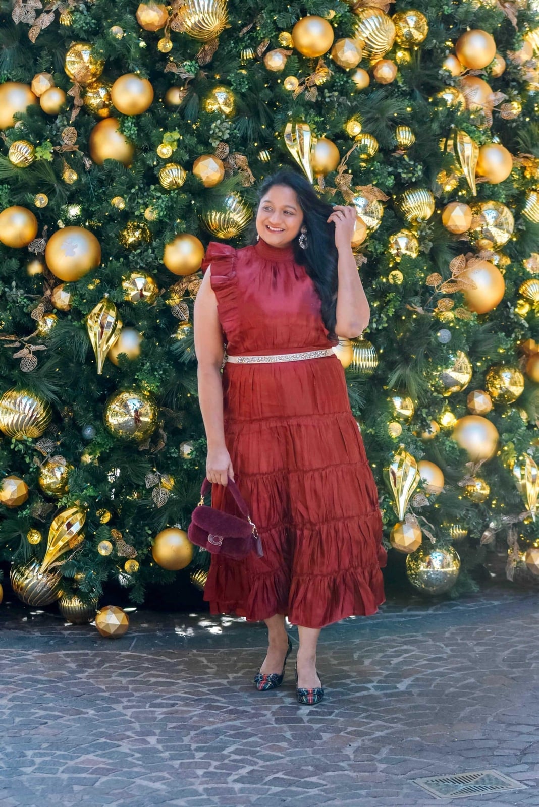 Rust red tiered ruffle dress with plaid heels — Christmas Eve Outfits