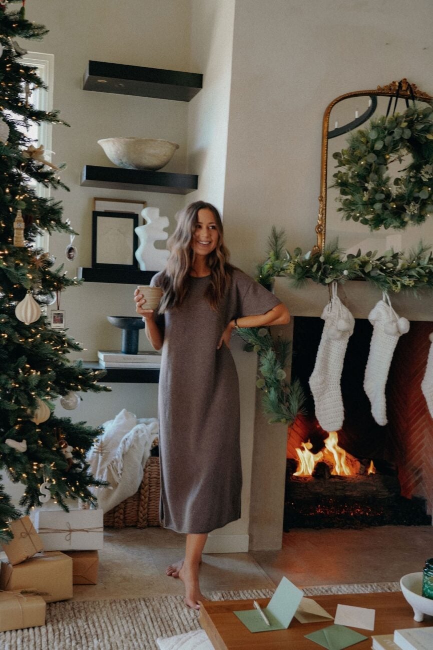 Taupe knit midi dress for Christmas at home — Christmas Eve Outfits