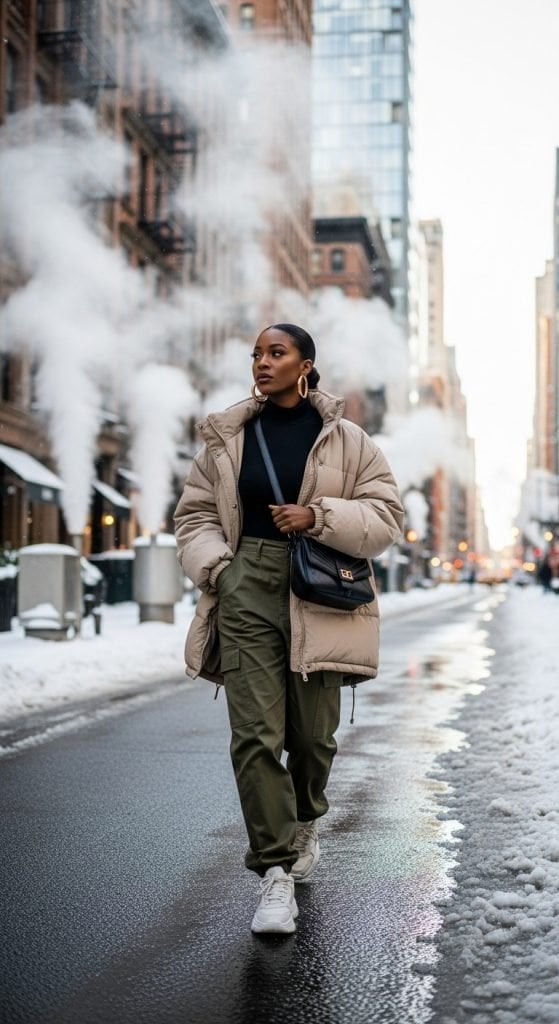Oversized beige puffer jacket with cargo pants Oversized beige puffer jacket with cargo pants — Cozy Winter Outfits