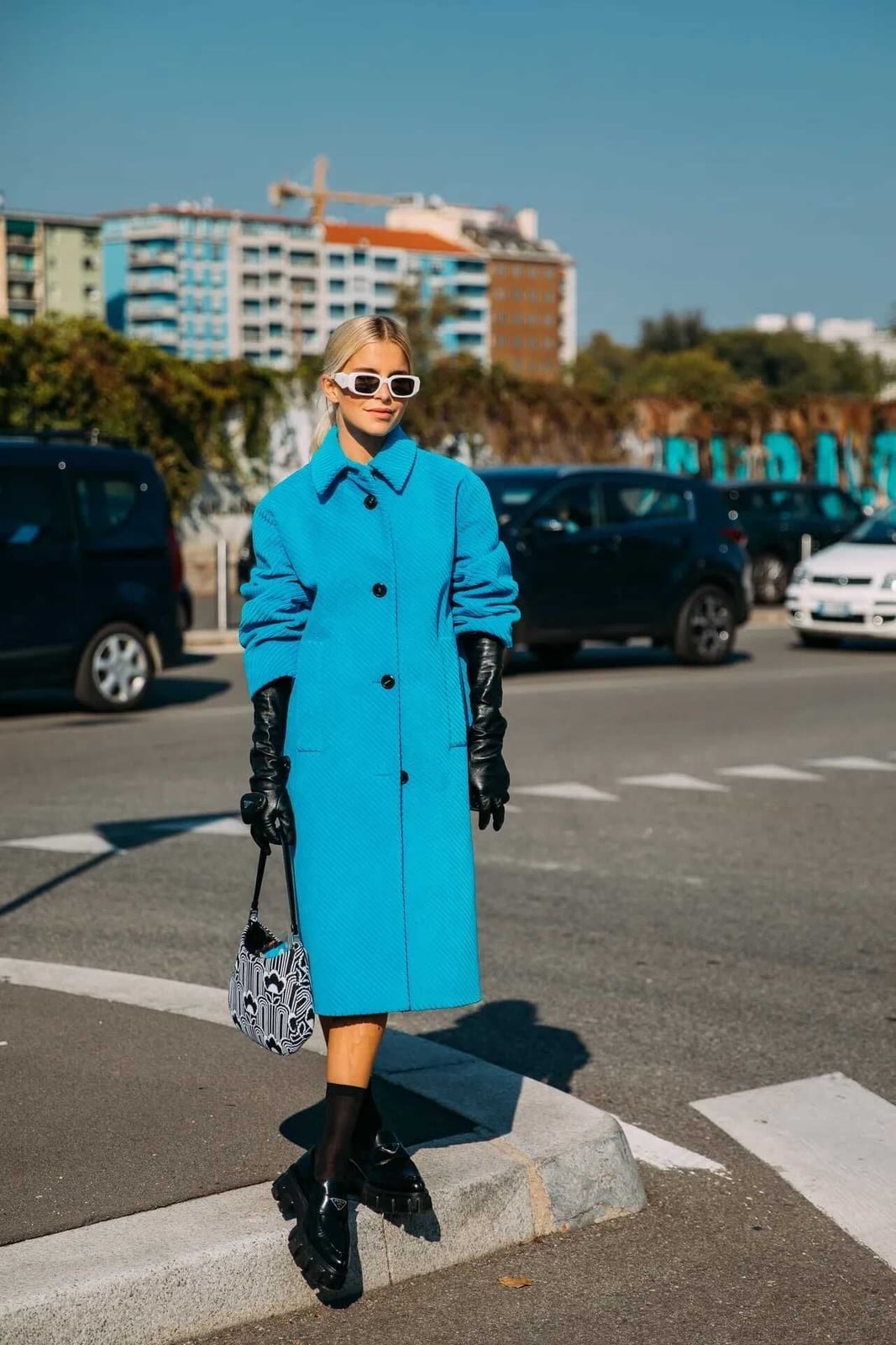 Bright blue textured wool coat with black loafers Bright blue textured wool coat with black loafers — Cozy Winter Outfits
