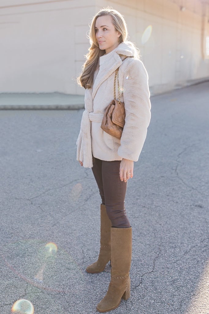 Cream faux fur belted coat over knit sweater Cream faux fur belted coat over knit sweater — Cozy Winter Outfits
