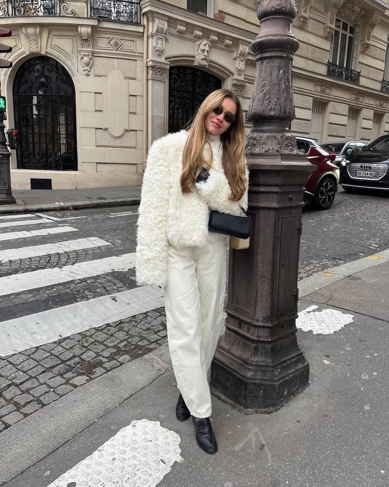 White textured faux fur jacket with wide-leg pants White textured faux fur jacket with wide-leg pants — Cozy Winter Outfits