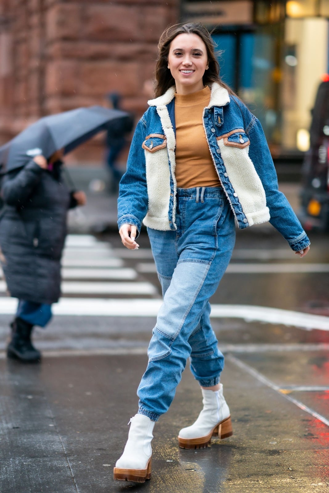 Shearling denim jacket over tan turtleneck Shearling denim jacket over tan turtleneck — Cozy Winter Outfits