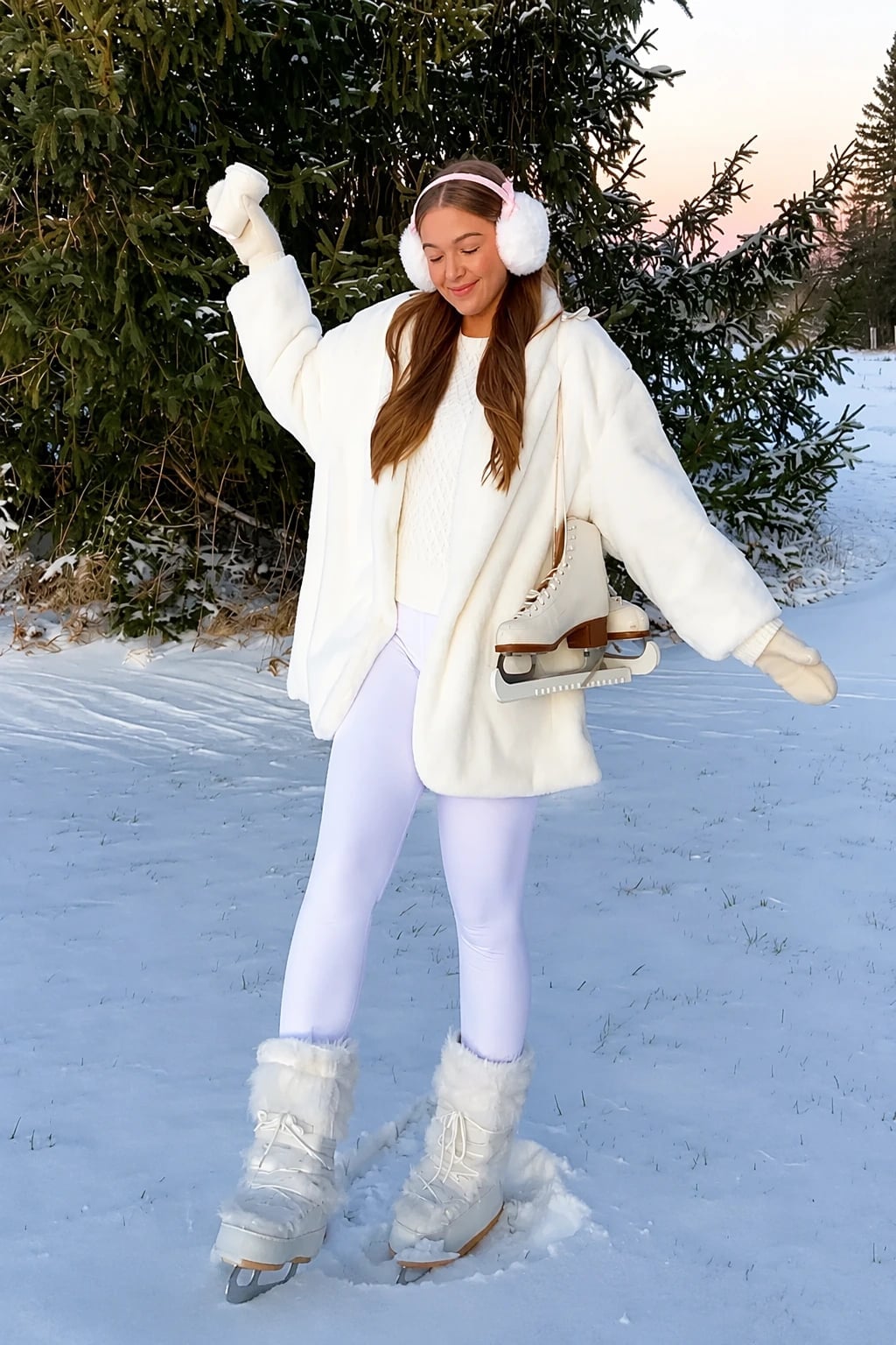 White faux fur coat with white leggings and moon boots White faux fur coat with white leggings and moon boots — Cozy Winter Outfits