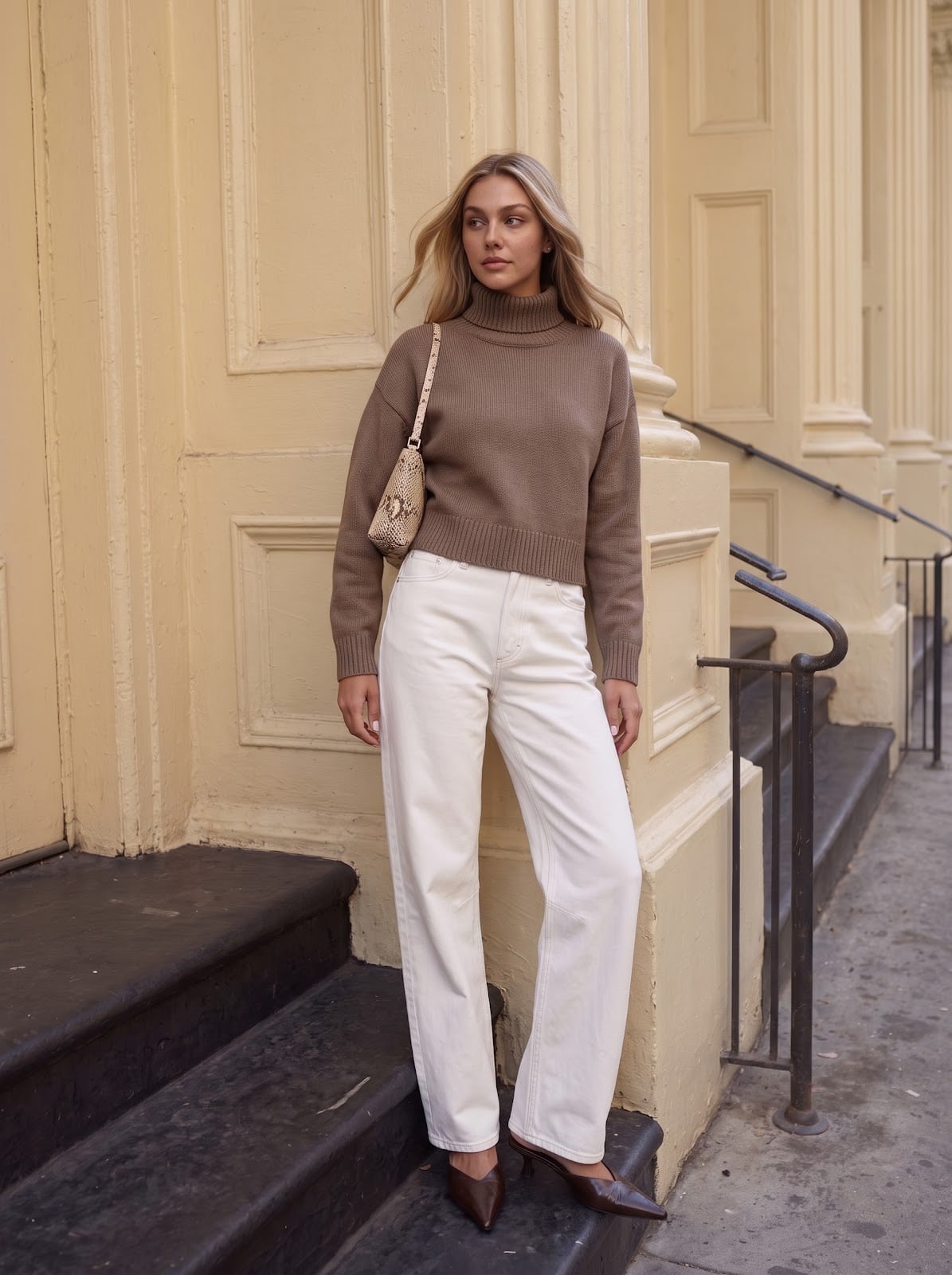 Brown fine knit turtleneck with cream wide-leg jeans Brown fine knit turtleneck with cream wide-leg jeans — Cozy Winter Outfits