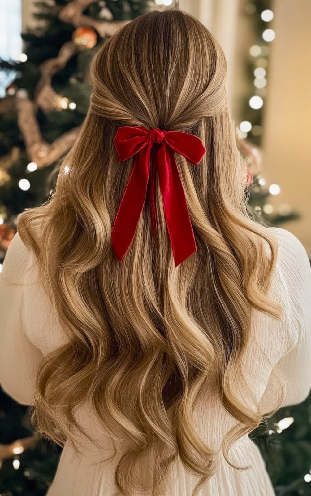 Half-Up Twisted Style With Curtain Bangs and Red Bow Half-Up Twisted Style With Curtain Bangs and Red Bow — Holiday Hairstyles