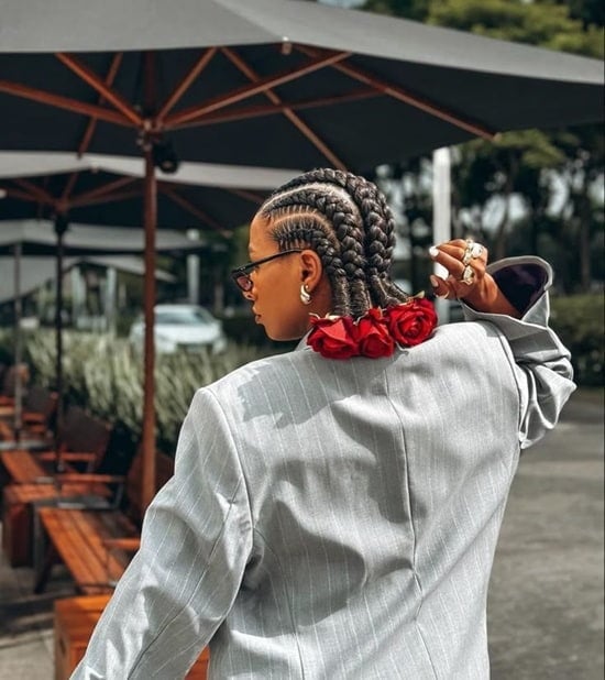 Cornrow Braids With Red Rose Accents Cornrow Braids With Red Rose Accents — Holiday Hairstyles