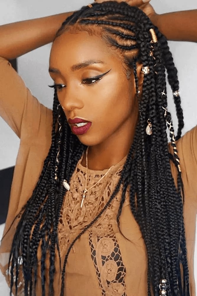 Mid-Back Braids With Gold Beads and Charms Mid-Back Braids With Gold Beads and Charms — Holiday Hairstyles