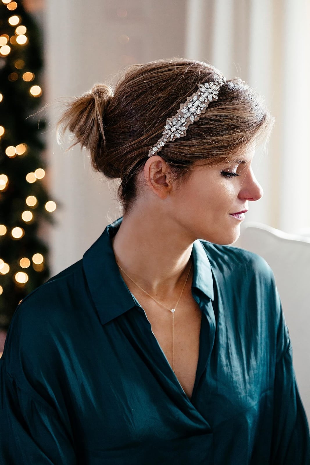 Low Swept-Back Bun With Jeweled Headband Low Swept-Back Bun With Jeweled Headband — Holiday Hairstyles