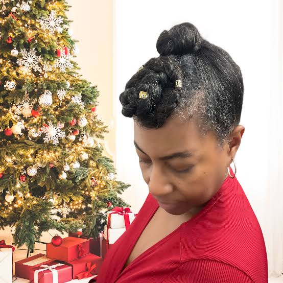 Coily Gray Updo With Braided Elements Coily Gray Updo With Braided Elements — Holiday Hairstyles