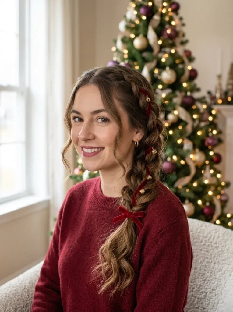 Side Braid With Red Velvet Ribbons — Christmas Braids